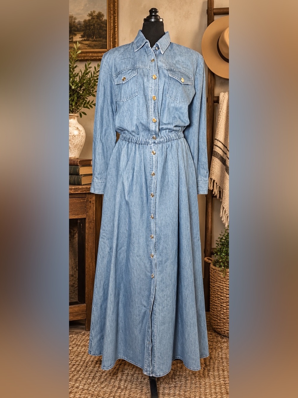 Vintage Denim Maxi Dress Gold Crest Buttons Western Coastal Cowgirl 80s 90s Sz 8
